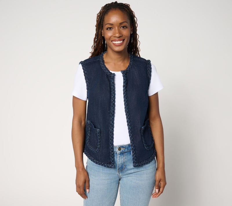 LOGO by Lori Goldstein Denim Vest with Braided Trim — View 5
