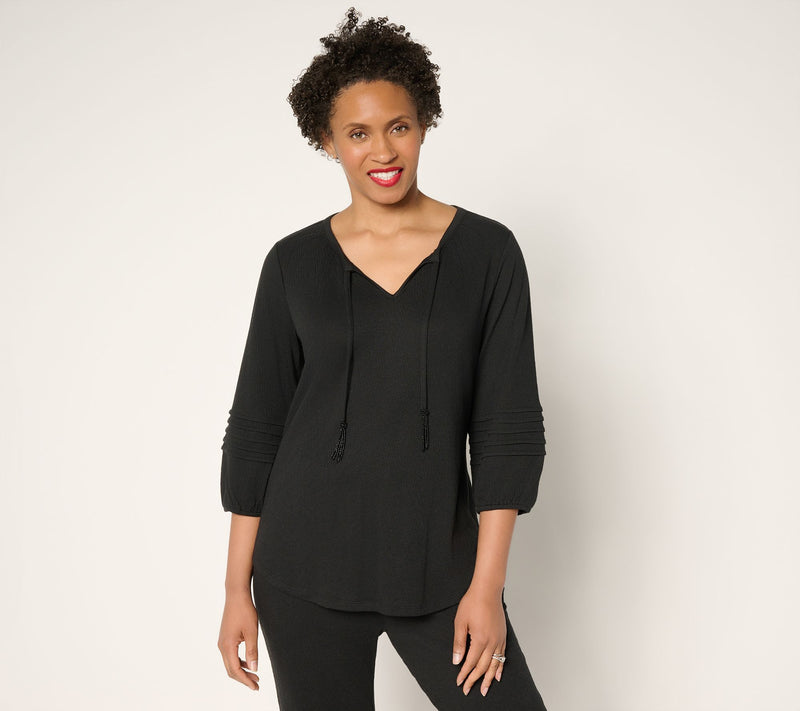 Denim & Co. Beach Knit Gauze Split Neck Top with Tassels — View 7