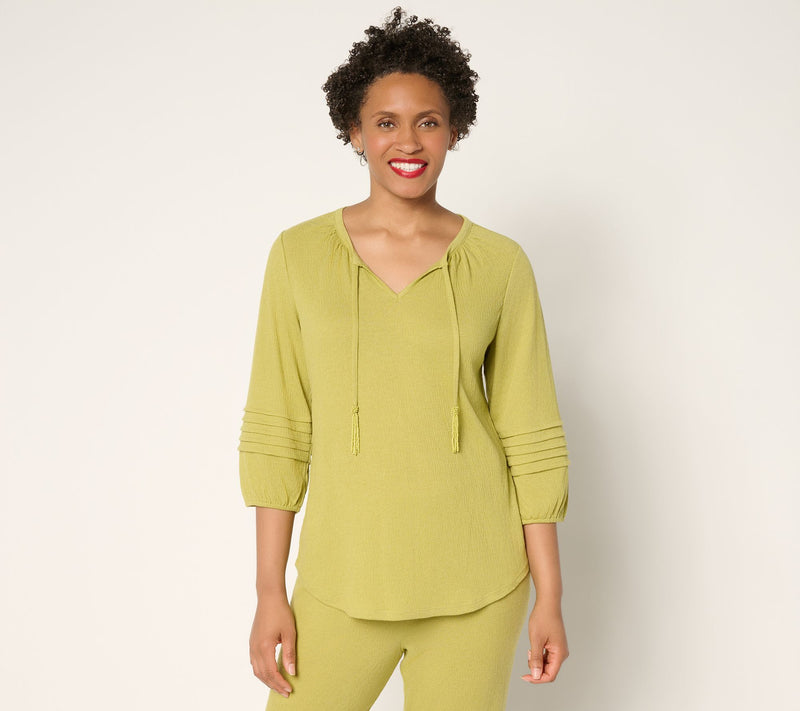 Denim & Co. Beach Knit Gauze Split Neck Top with Tassels — View 3