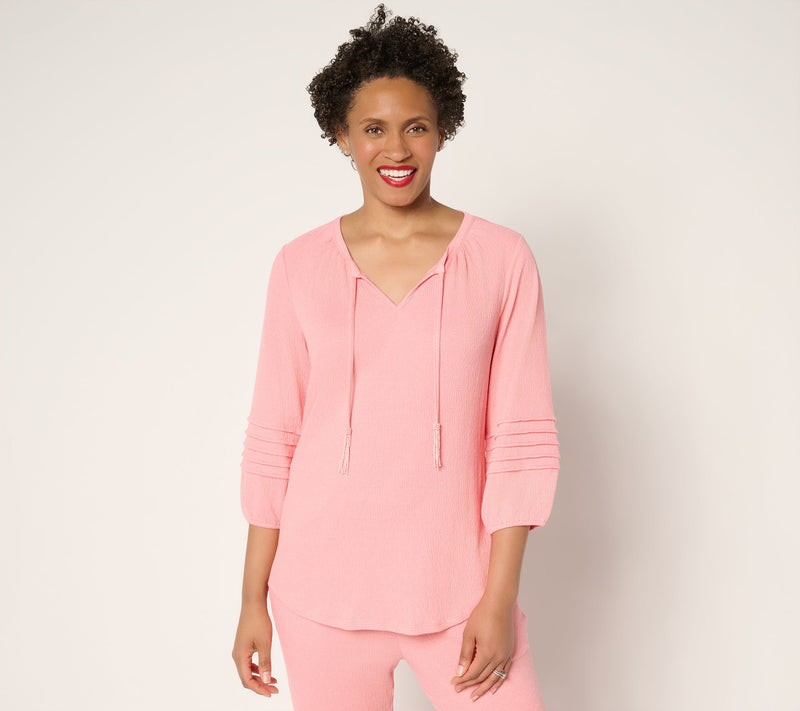 Denim & Co. Beach Knit Gauze Split Neck Top with Tassels — View 9
