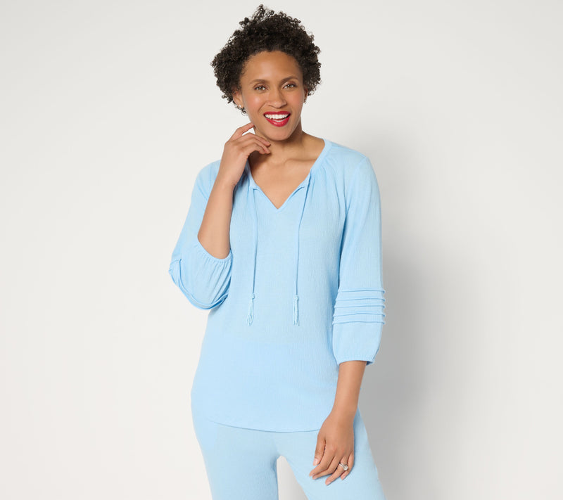 Denim & Co. Beach Knit Gauze Split Neck Top with Tassels — View 5