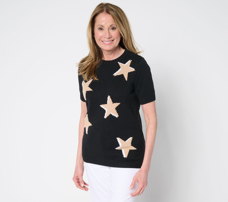 Denim & Co. 100% Cotton Short Sleeve Intarsia Sweater — View 5