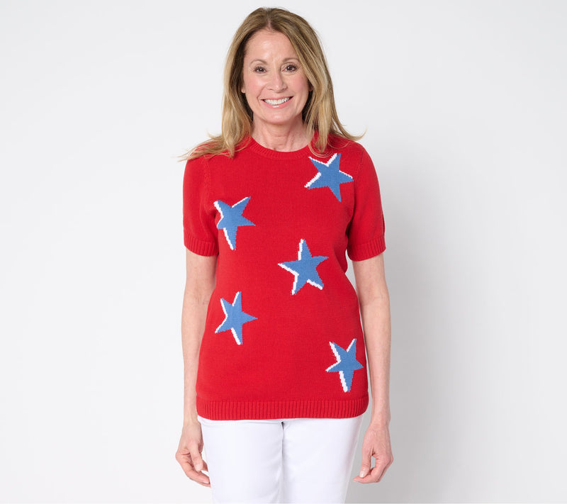 Denim & Co. 100% Cotton Short Sleeve Intarsia Sweater — View 3