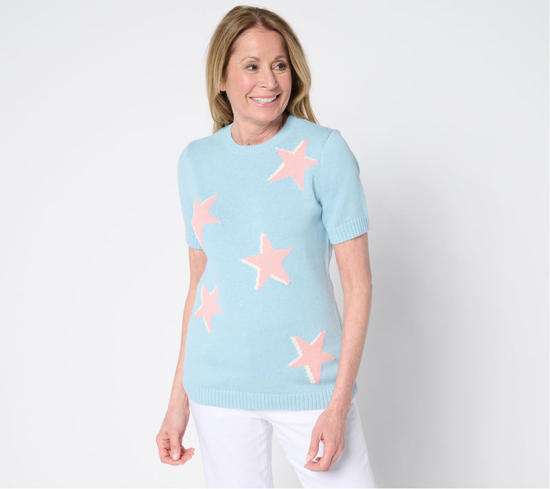 Denim & Co. 100% Cotton Short Sleeve Intarsia Sweater — View 11