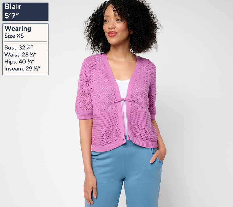 Denim & Co. 100% Cotton Pointelle Elbow Sleeve Tie Cardigan — View 7