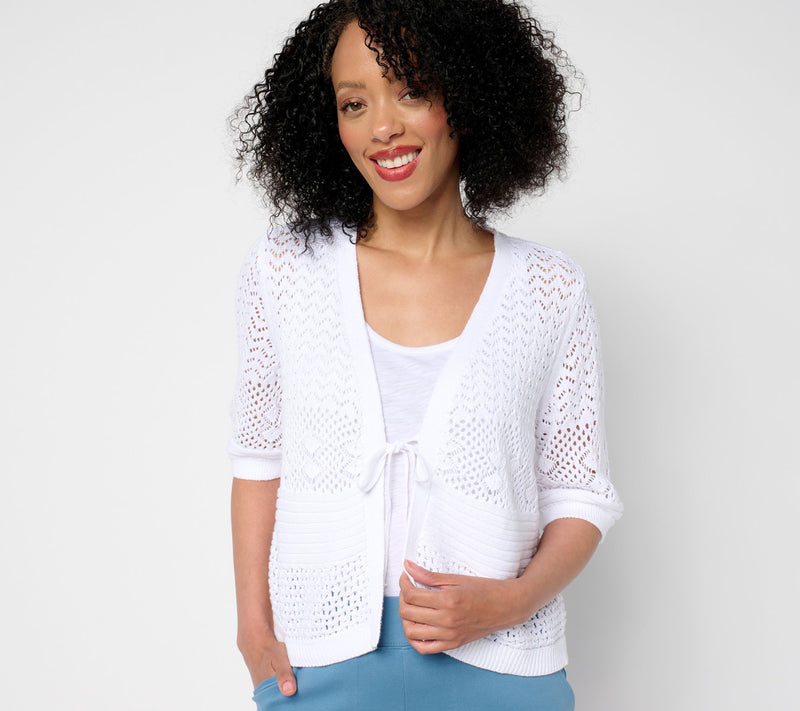 Denim & Co. 100% Cotton Pointelle Elbow Sleeve Tie Cardigan — View 4
