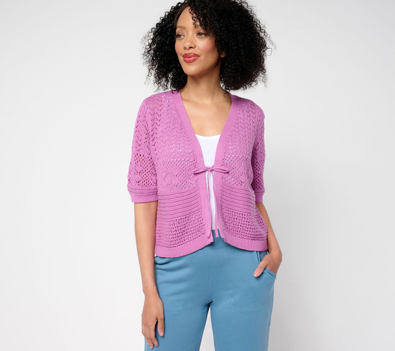 Denim & Co. 100% Cotton Pointelle Elbow Sleeve Tie Cardigan — View 5