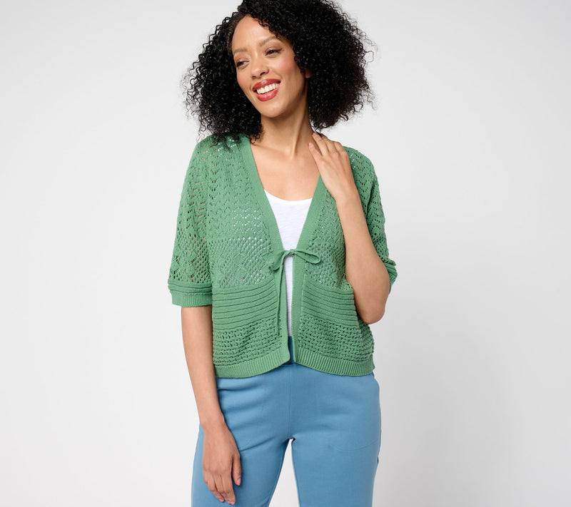 Denim & Co. 100% Cotton Pointelle Elbow Sleeve Tie Cardigan — View 2