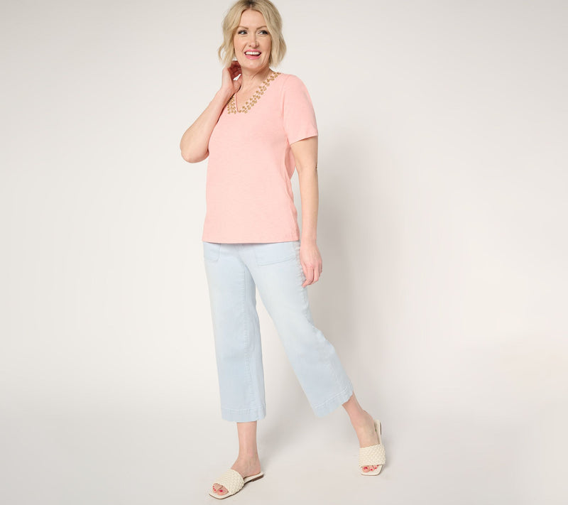 Denim & Co. 100% Cotton Beaded V-Neck Short Sleeve Top — View 5