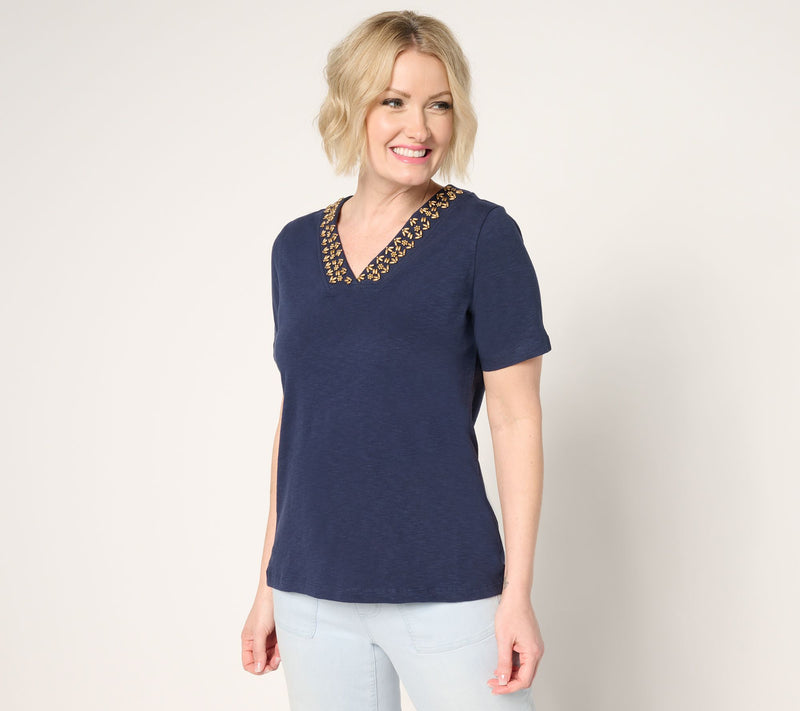 Denim & Co. 100% Cotton Beaded V-Neck Short Sleeve Top — View 10