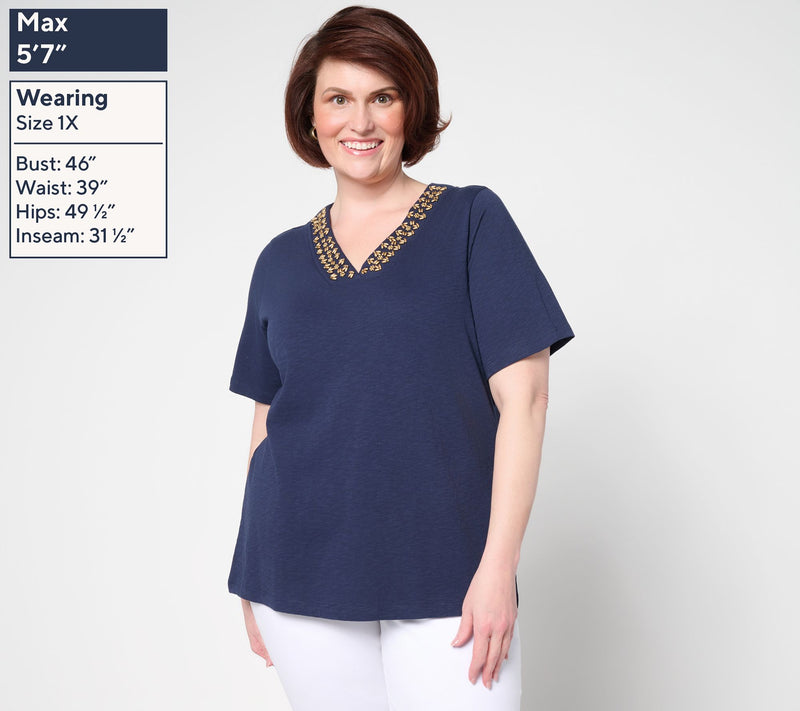 Denim & Co. 100% Cotton Beaded V-Neck Short Sleeve Top — View 2