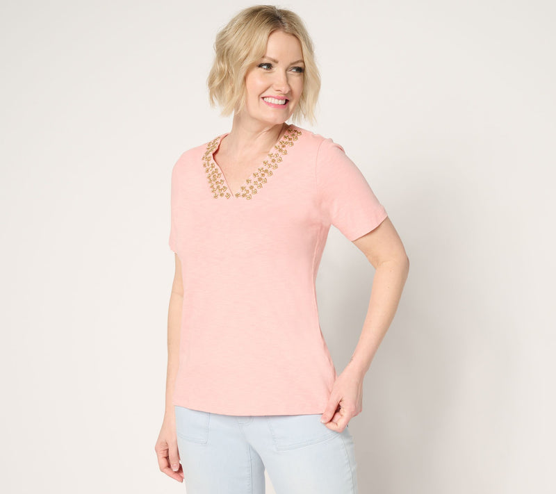 Denim & Co. 100% Cotton Beaded V-Neck Short Sleeve Top — Main view