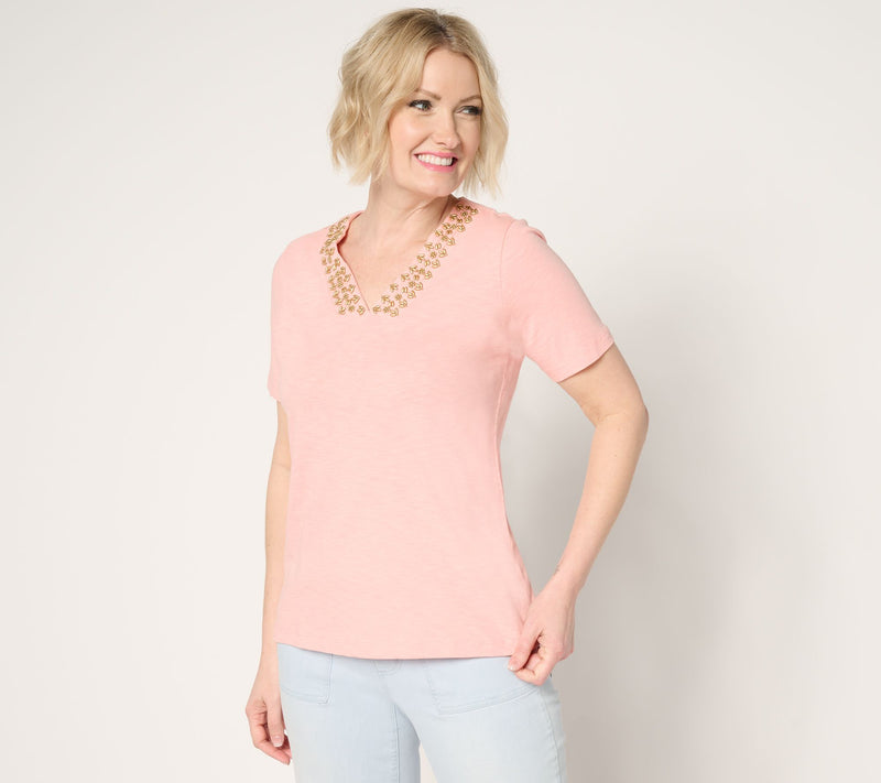 Denim & Co. 100% Cotton Beaded V-Neck Short Sleeve Top — View 11