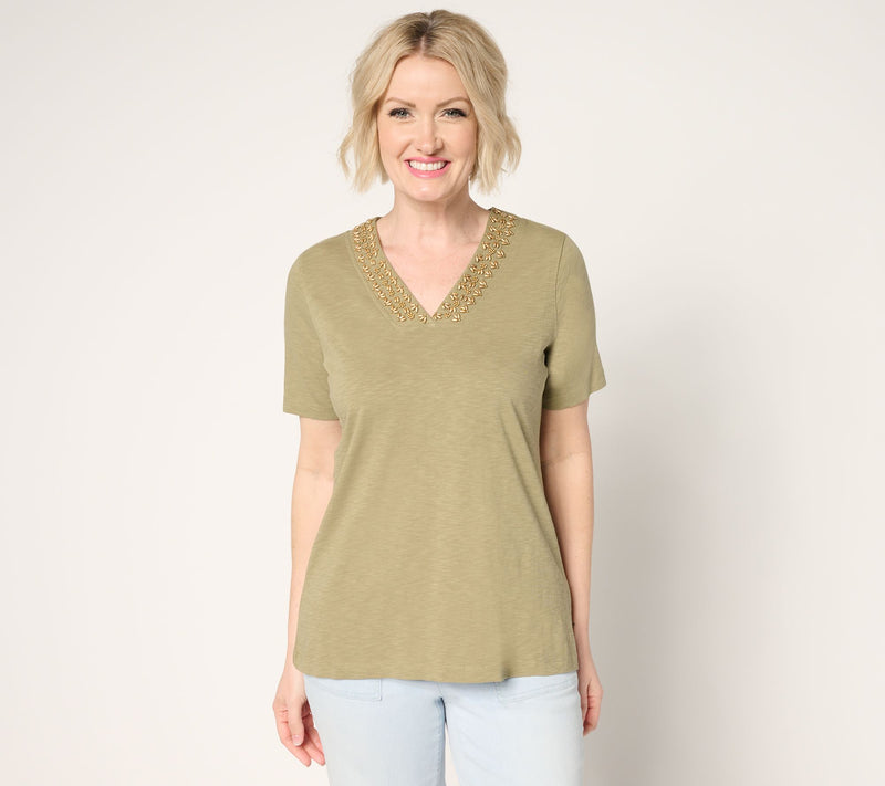 Denim & Co. 100% Cotton Beaded V-Neck Short Sleeve Top — View 12