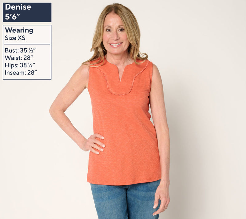 Denim & Co. Linen Blend Split Neck Tank with Picot Trim — View 11
