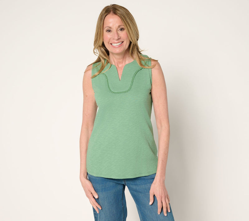 Denim & Co. Linen Blend Split Neck Tank with Picot Trim — View 5
