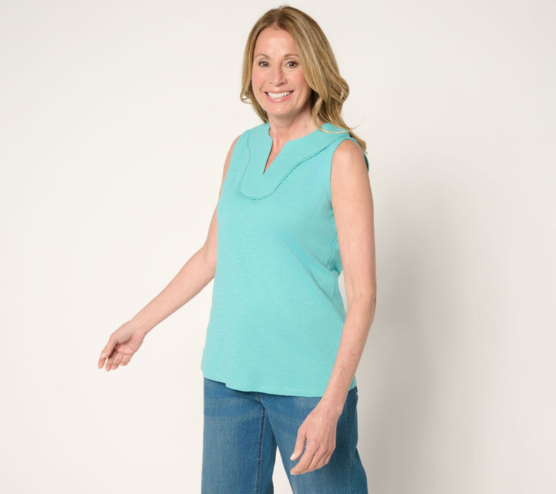 Denim & Co. Linen Blend Split Neck Tank with Picot Trim — View 7