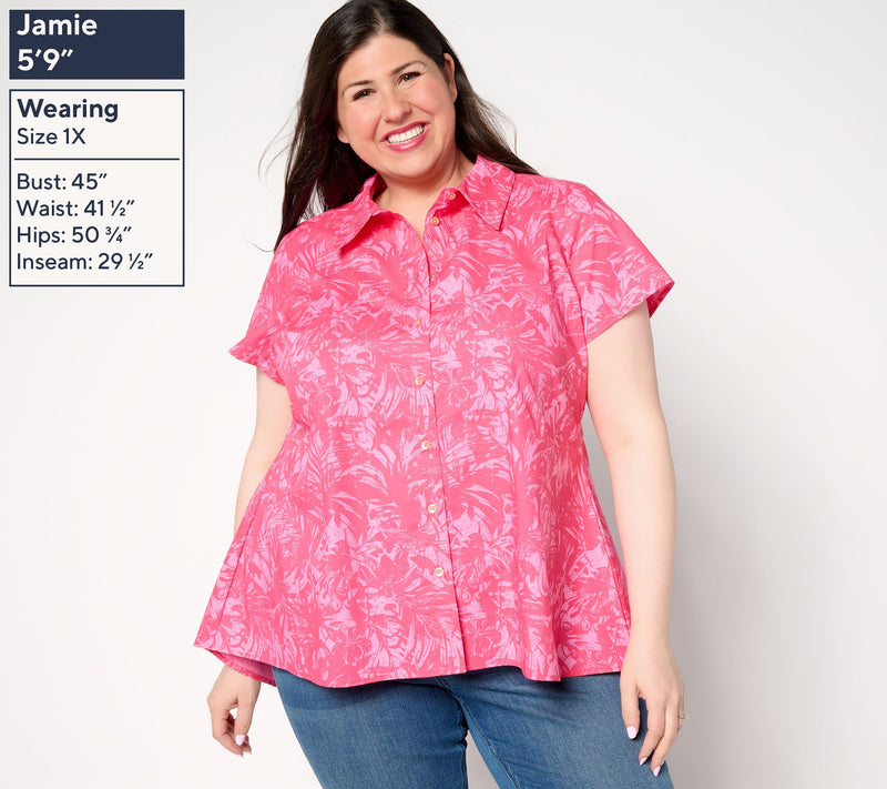Women with Control Printed Poplin Button Front Shirt — View 2