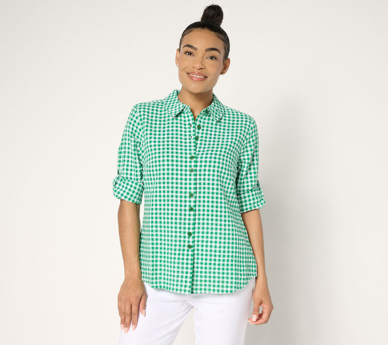 Joan Rivers 100% Cotton Seersucker Plaid Button Front Shirt — View 10