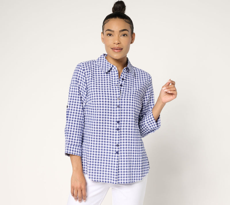 Joan Rivers 100% Cotton Seersucker Plaid Button Front Shirt — View 11