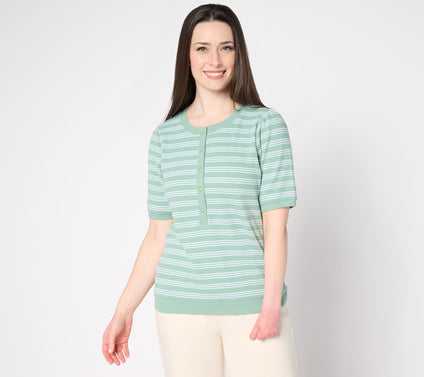 AnyBody Yarn Dye Striped Waffle Puff Sleeve Henley Top