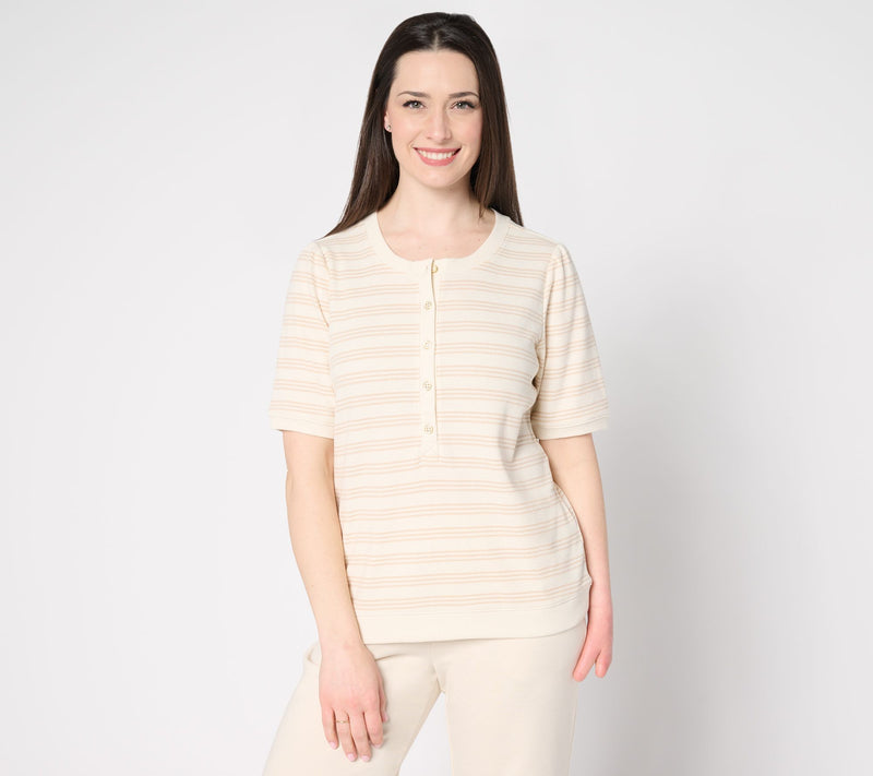 AnyBody Yarn Dye Striped Waffle Puff Sleeve Henley Top — View 10
