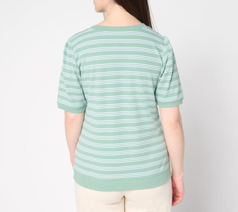 AnyBody Yarn Dye Striped Waffle Puff Sleeve Henley Top — View 4