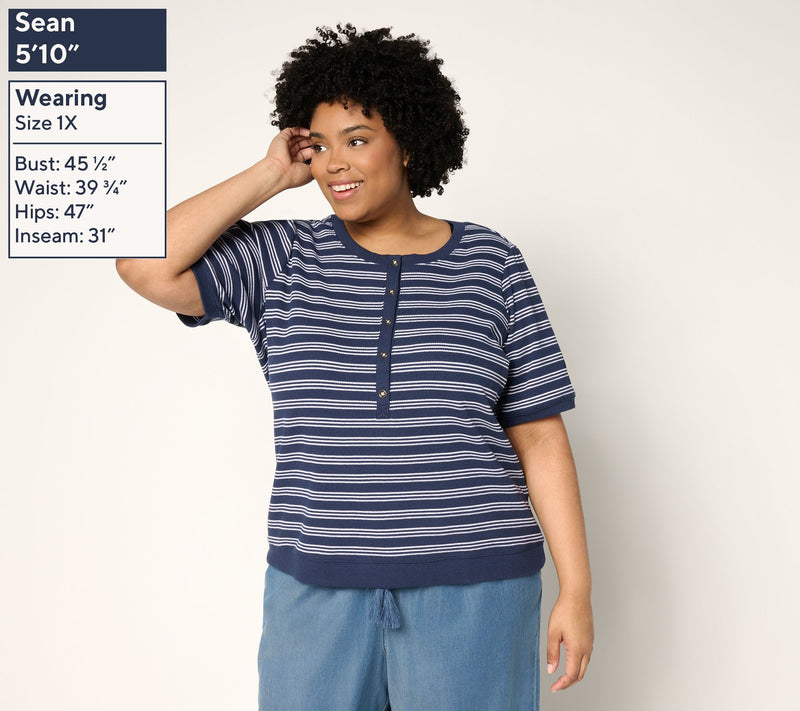 AnyBody Yarn Dye Striped Waffle Puff Sleeve Henley Top — View 2