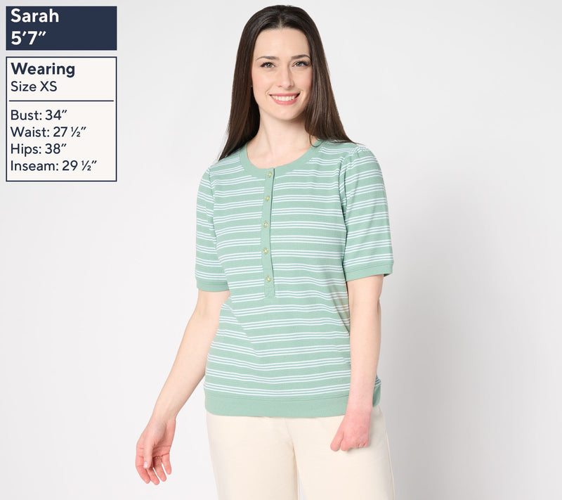 AnyBody Yarn Dye Striped Waffle Puff Sleeve Henley Top — View 3