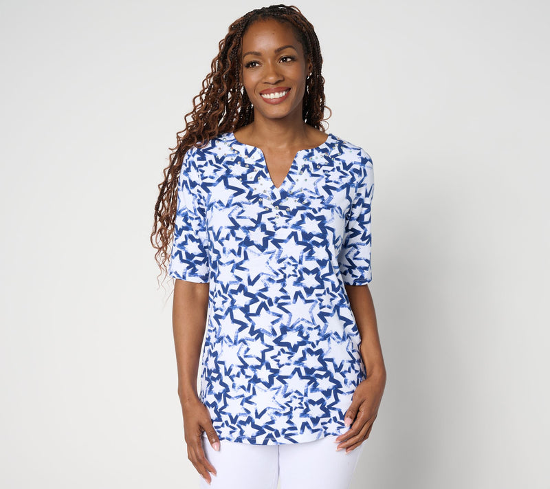 Quacker Factory Starlet Split Neck Elbow Sleeve Top — View 10