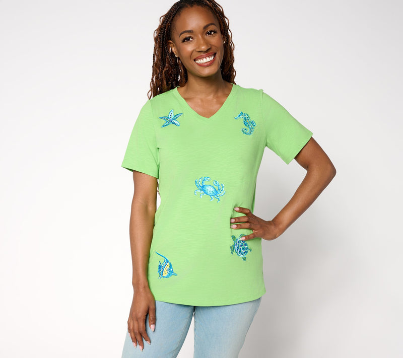 Quacker Factory Vitamin Sea Embroidered Short Sleeve Top — View 10
