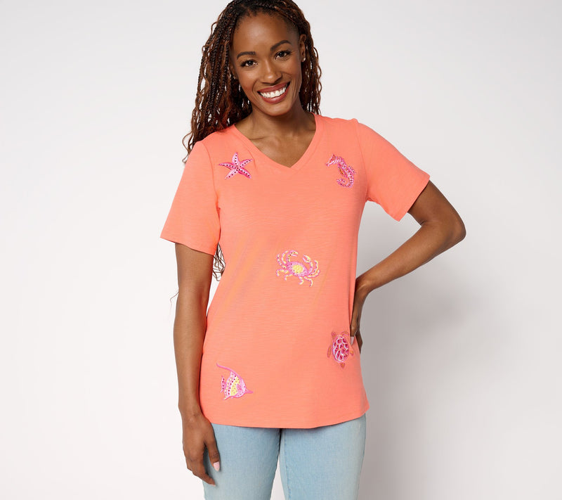 Quacker Factory Vitamin Sea Embroidered Short Sleeve Top — View 12