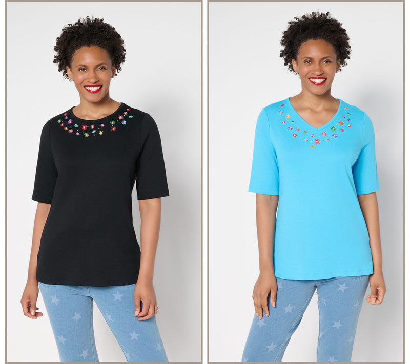 Quacker Factory Tiny Daisies Set of 2 Elbow Sleeve Tops — View 11