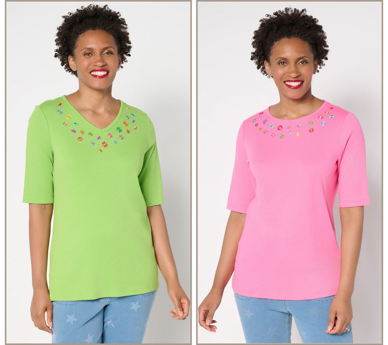 Quacker Factory Tiny Daisies Set of 2 Elbow Sleeve Tops — View 12
