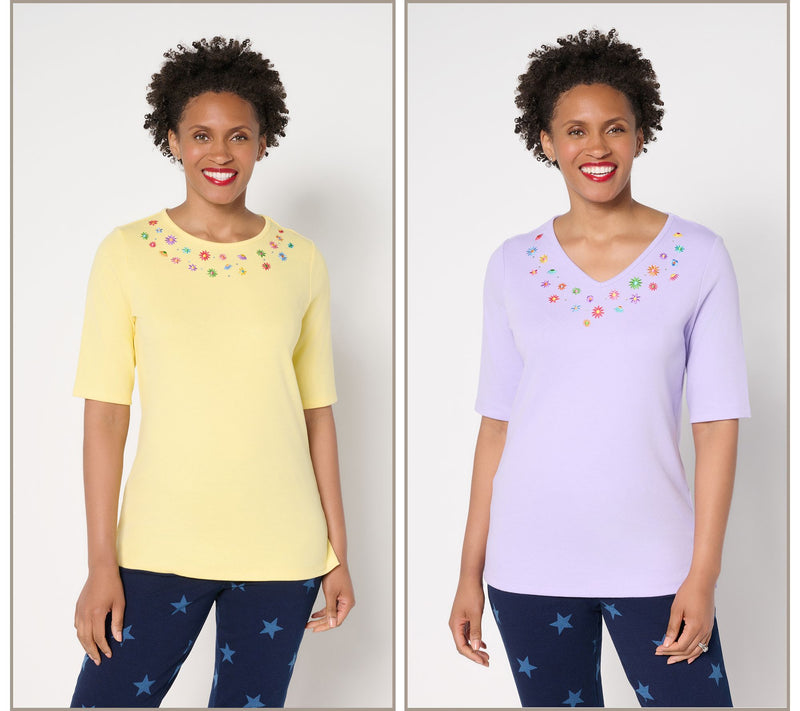 Quacker Factory Tiny Daisies Set of 2 Elbow Sleeve Tops — View 13