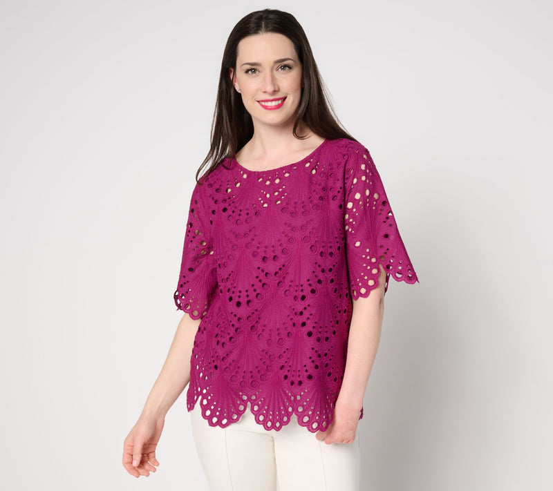 BEAUTIFUL by Lawrence Zarian Tropical Eyelet Top with Knit Tank — View 11