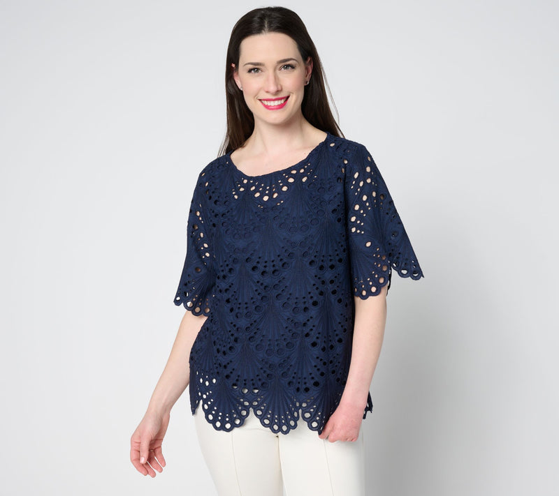 BEAUTIFUL by Lawrence Zarian Tropical Eyelet Top with Knit Tank — View 12