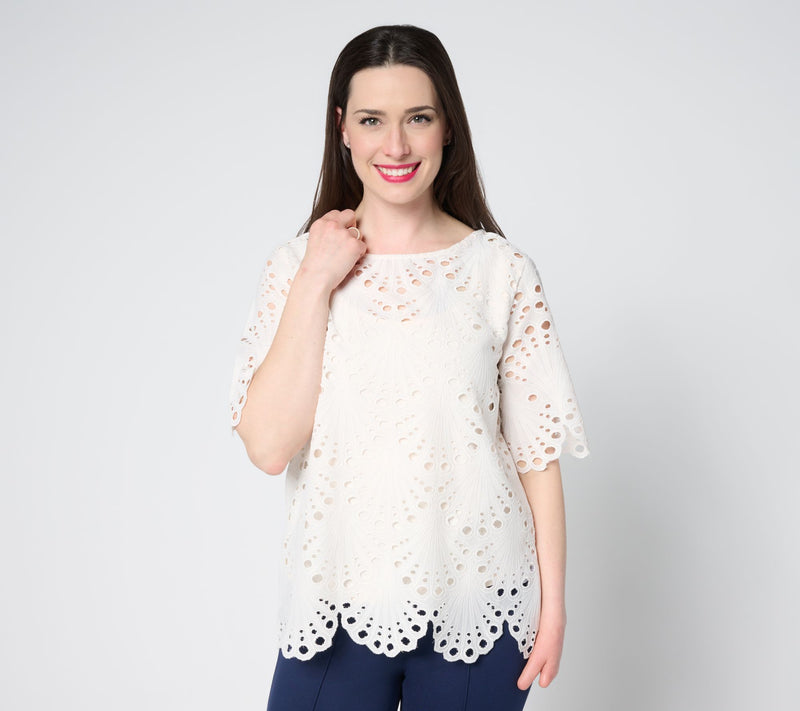 BEAUTIFUL by Lawrence Zarian Tropical Eyelet Top with Knit Tank — View 13