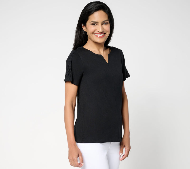 BEAUTIFUL by Lawrence Zarian Short Sleeve Knit Top with Lace Detail — View 7