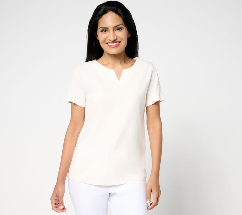 BEAUTIFUL by Lawrence Zarian Short Sleeve Knit Top with Lace Detail — View 5