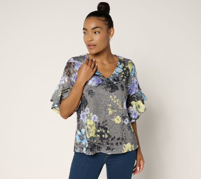 Women with Control Printed Lace Ruffle Sleeve Blouse — View 10