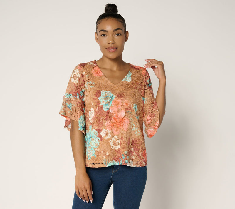 Women with Control Printed Lace Ruffle Sleeve Blouse — View 11