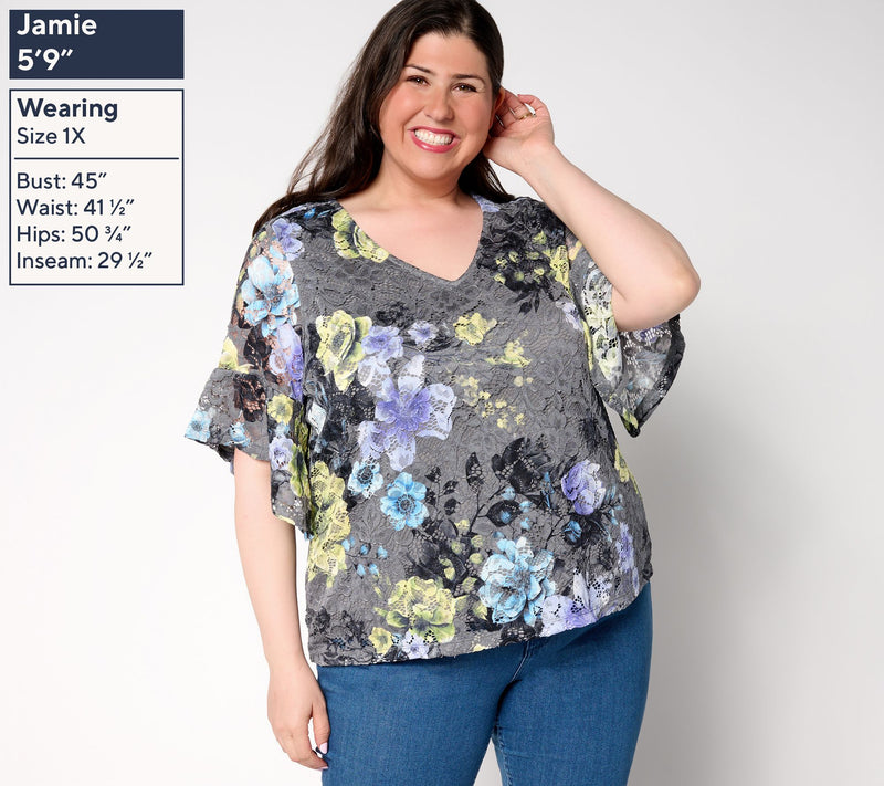 Women with Control Printed Lace Ruffle Sleeve Blouse — View 2