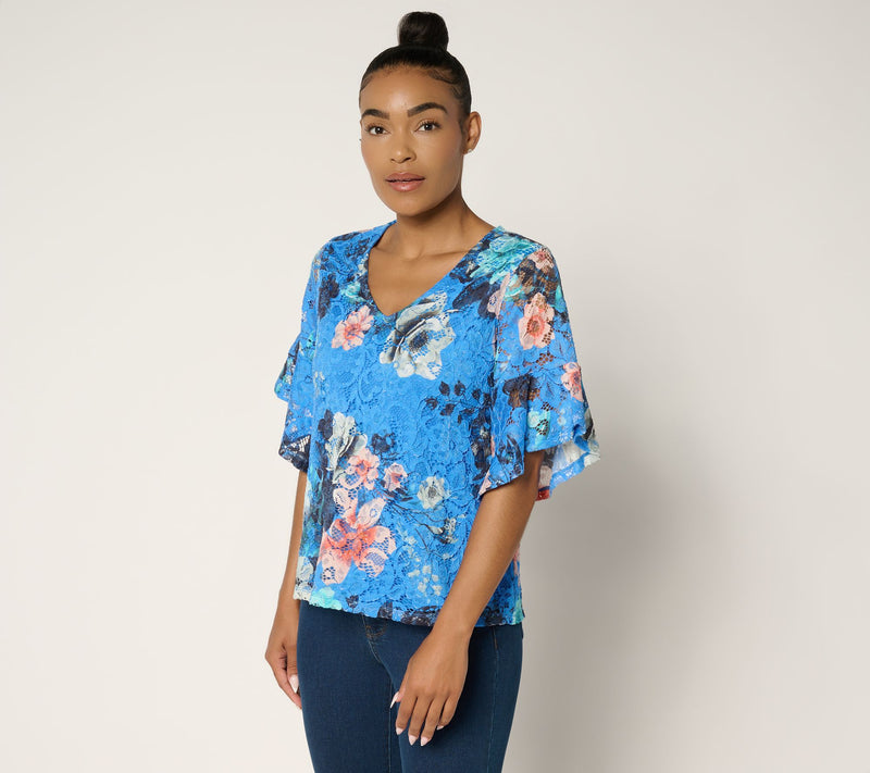 Women with Control Printed Lace Ruffle Sleeve Blouse — Main view