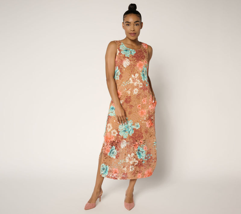 Women with Control Petite Printed Lace Midi Dress — View 10