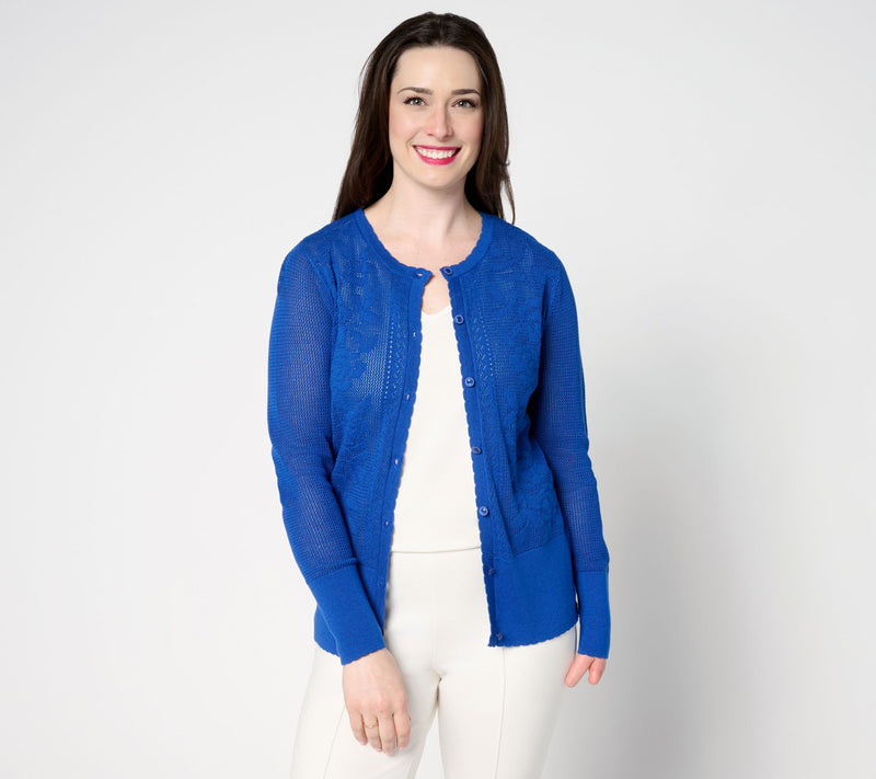Isaac Mizrahi Live! Floral Pointelle Scallop Trim Cardigan — View 11