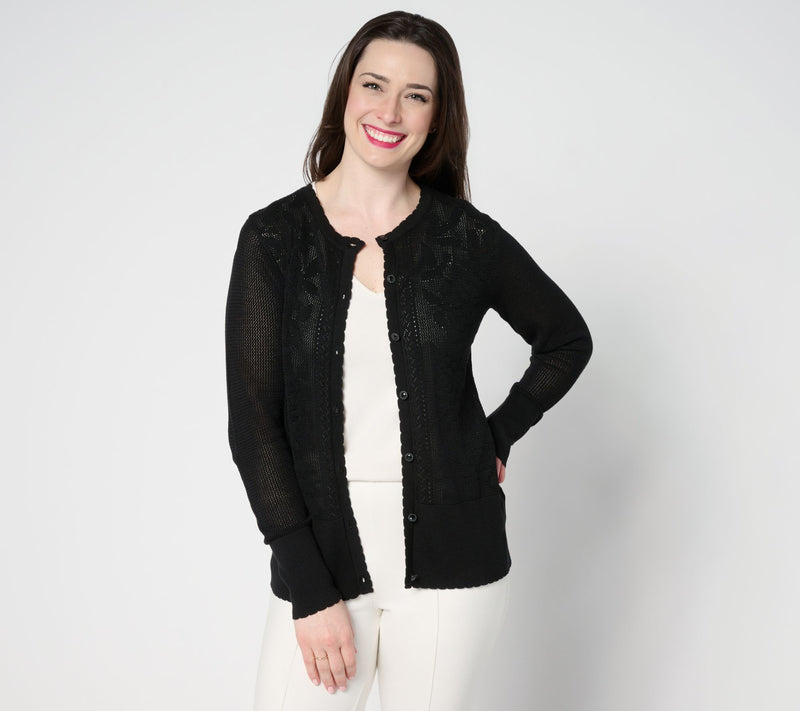 Isaac Mizrahi Live! Floral Pointelle Scallop Trim Cardigan — View 12