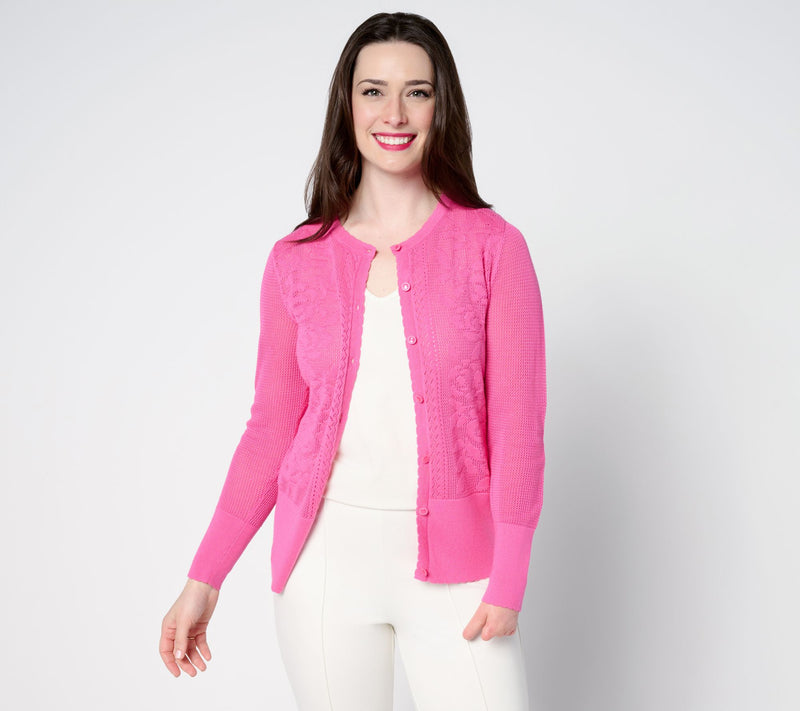 Isaac Mizrahi Live! Floral Pointelle Scallop Trim Cardigan — Main view
