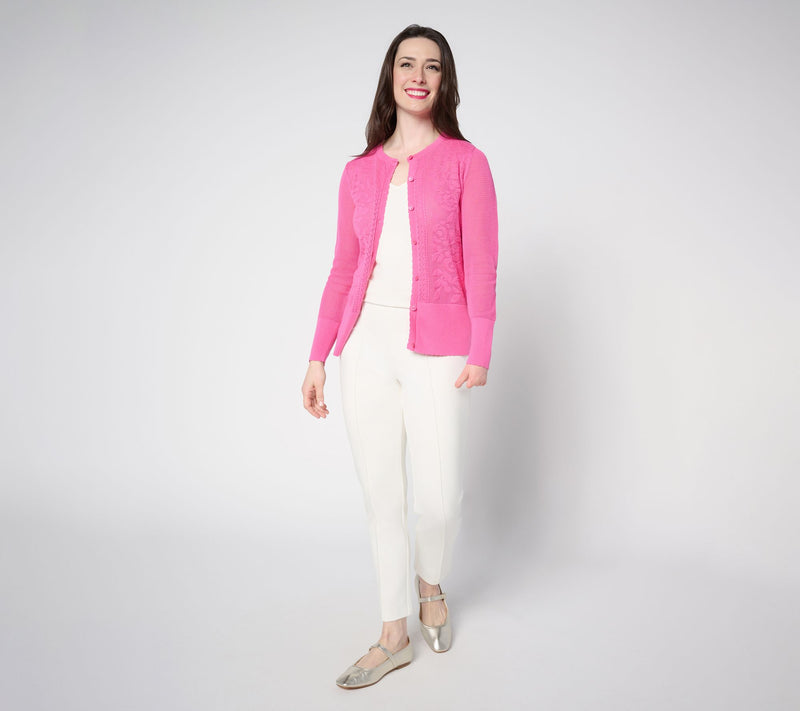 Isaac Mizrahi Live! Floral Pointelle Scallop Trim Cardigan — View 5