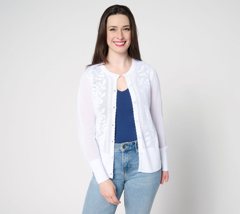 Isaac Mizrahi Live! Floral Pointelle Scallop Trim Cardigan — View 14